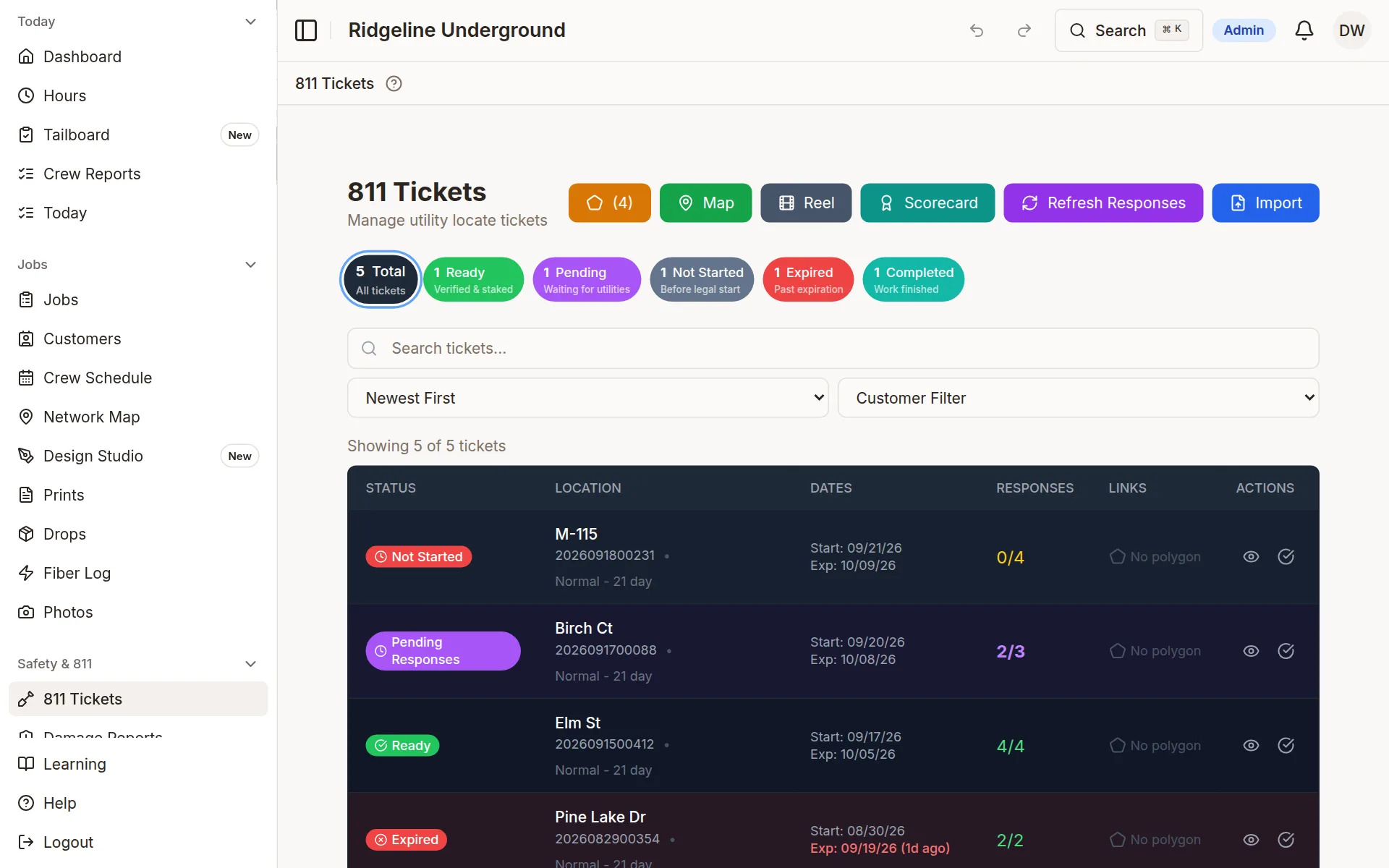 The 811 Tickets page with every ticket's status and days to expiration