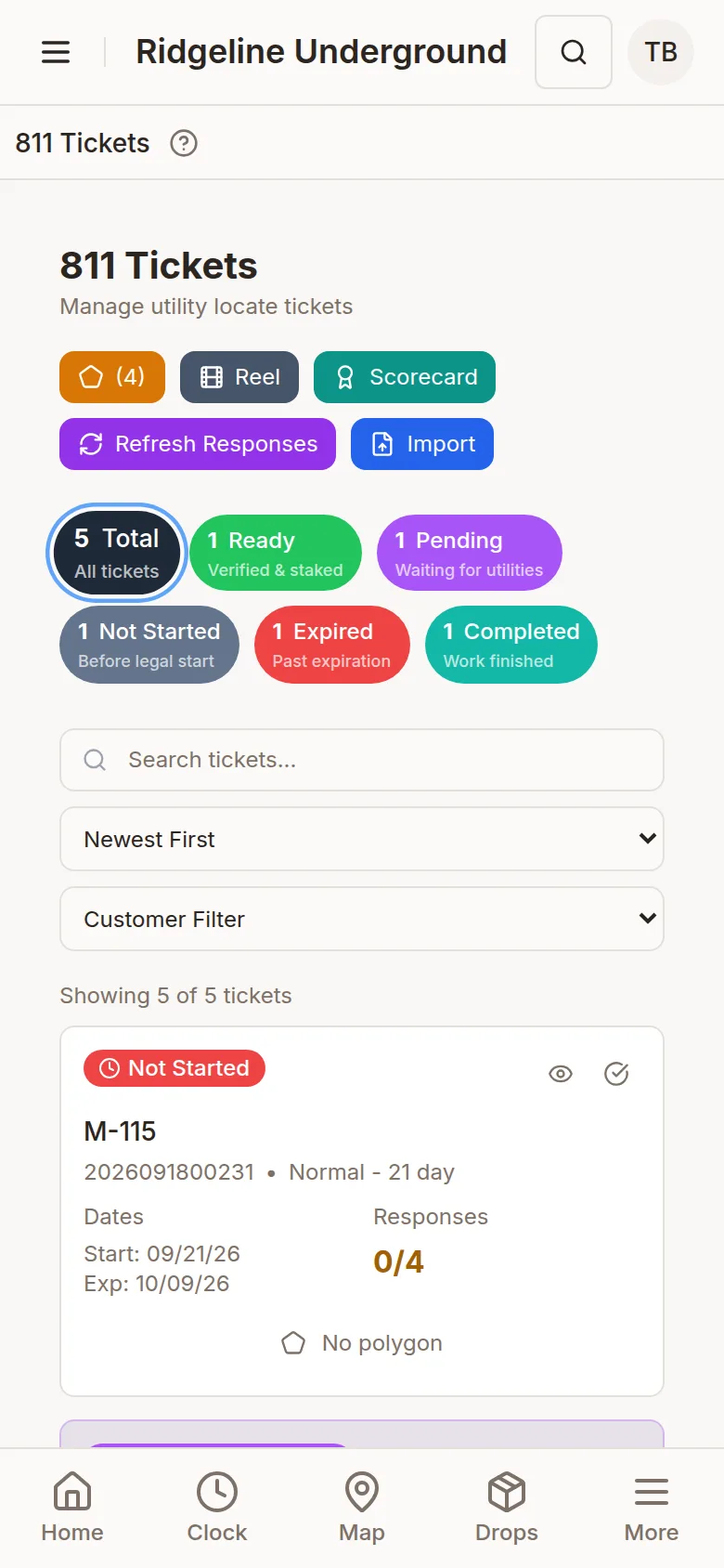 811 Tickets on a phone, each with its status and days to expiration