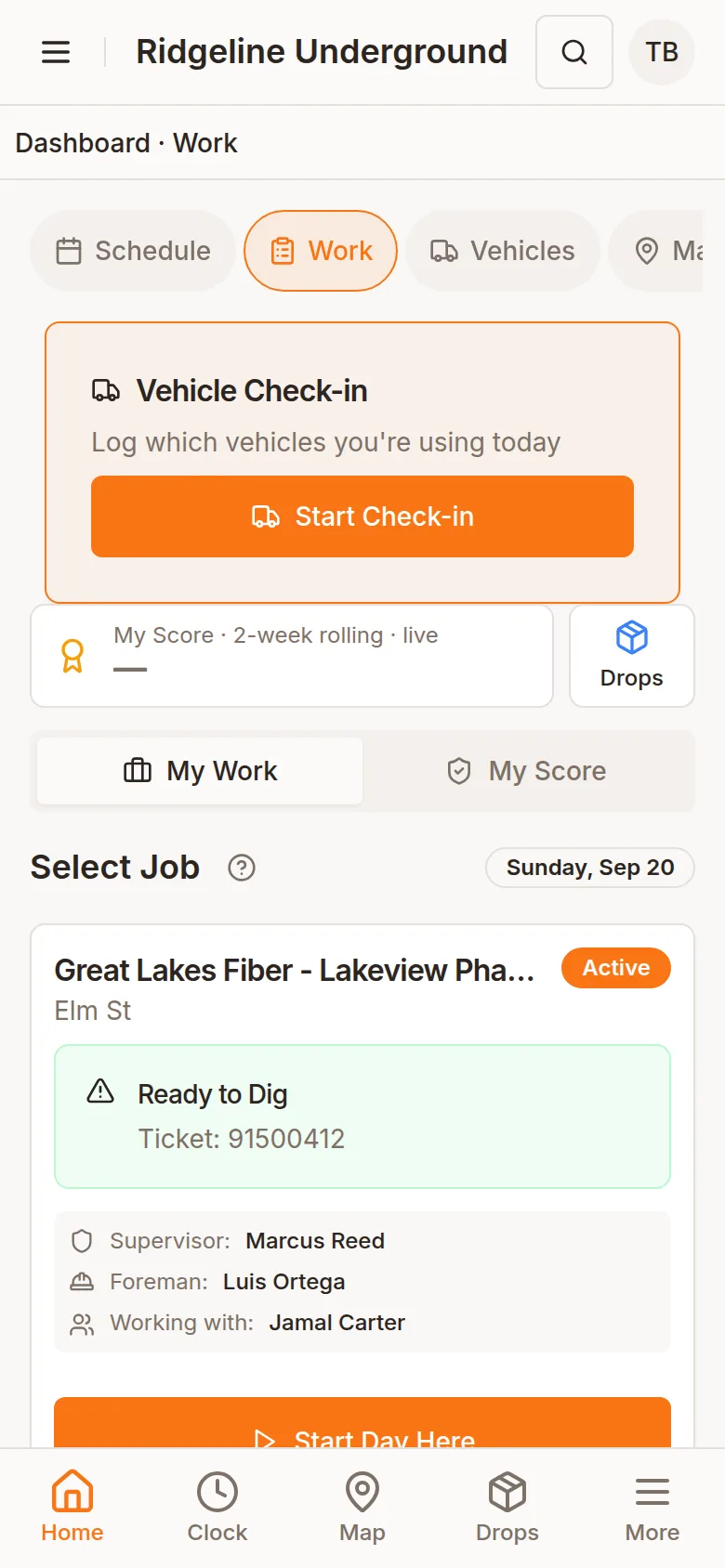 The Work tab on a phone: today's job, its crew, the dig verdict and Start Day Here